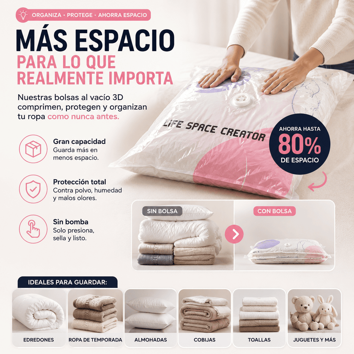 Bolsas de almacenamiento al vacío 3D sin bomba