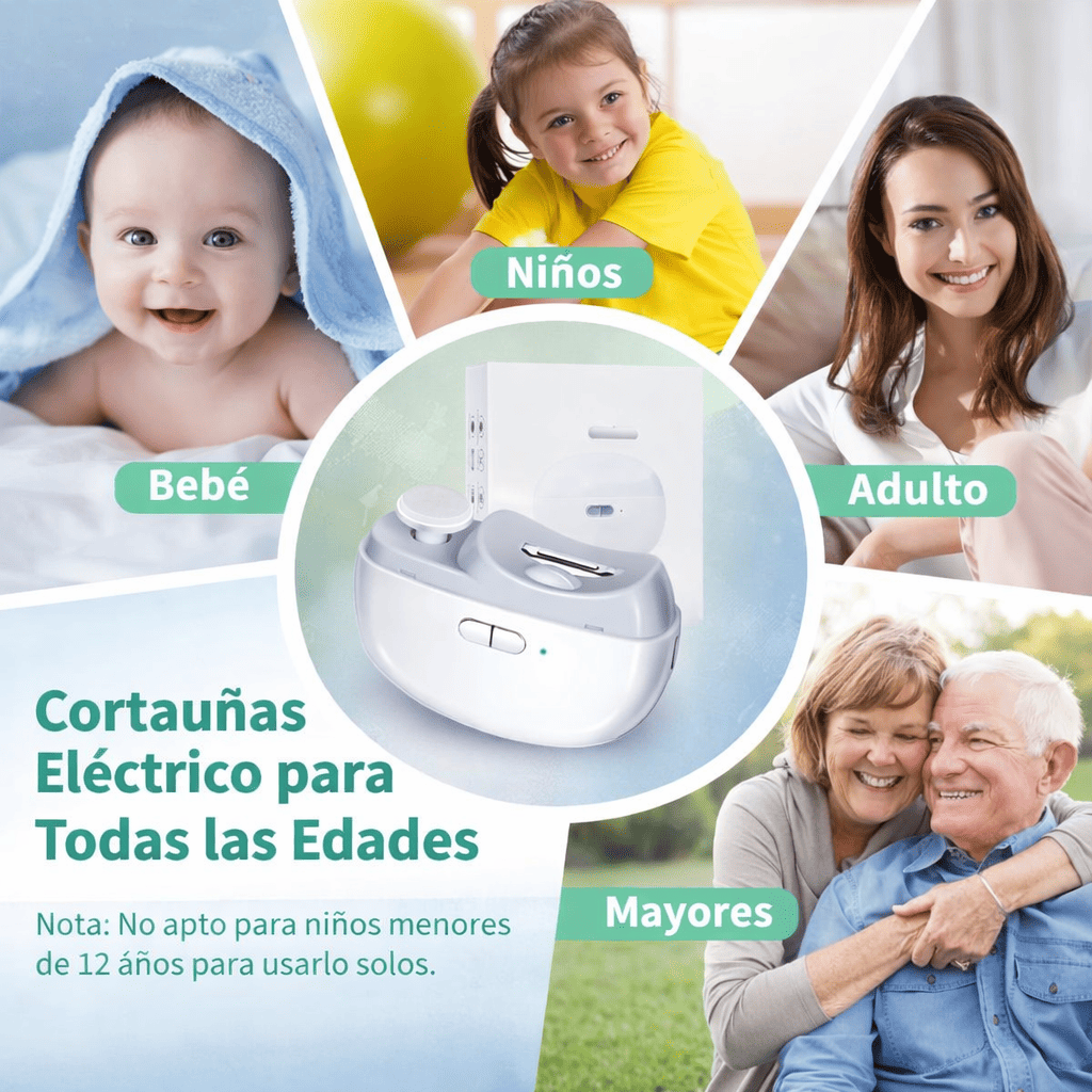 Cortaúñas Eléctrico 2 en 1 Antipellizco Limado 360° Seguro para Bebés, Niños, adultos y Piel Sensible