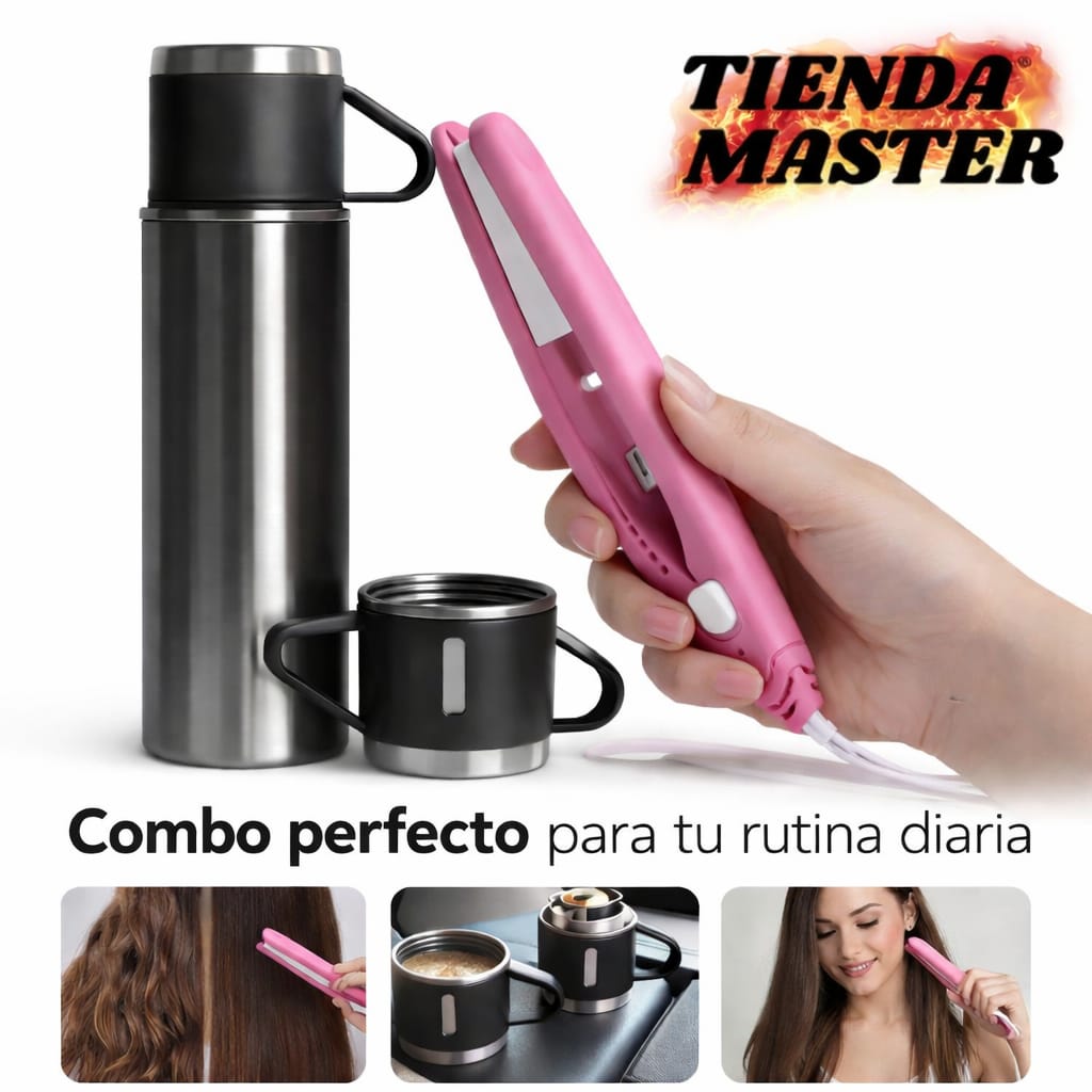COMBO TERMO ACERO Y PLANCHA ALISADORA