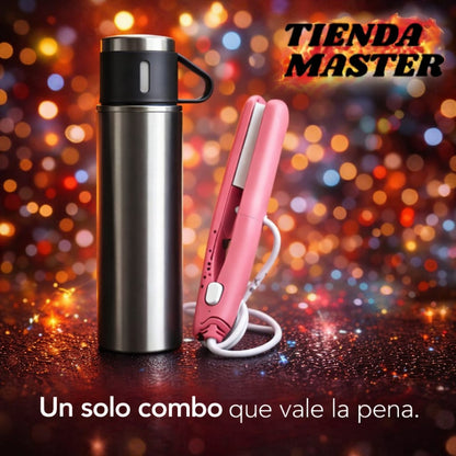 COMBO TERMO ACERO Y PLANCHA ALISADORA